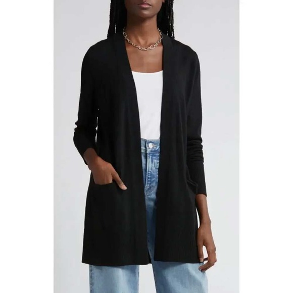 Nordstrom Sweaters - Nordstrom Black Merino Wool Blend Open Front Cardigan Sweater Pockets Medium